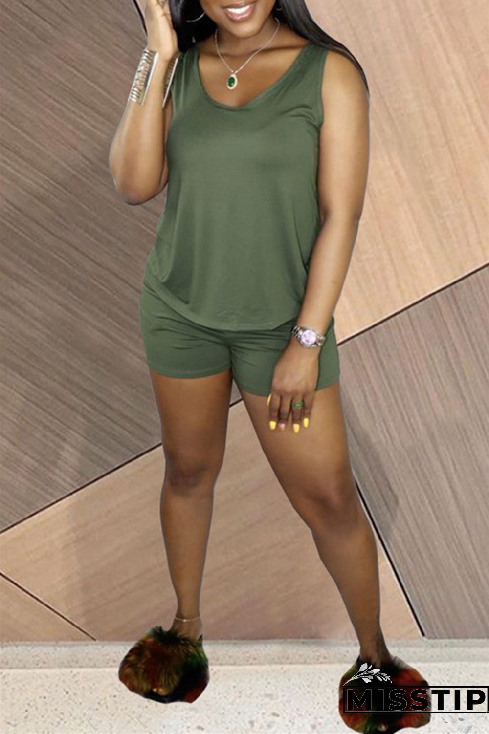 Army Green Fashion Casual Solid Basic U Neck Sleeveless Two Pieces