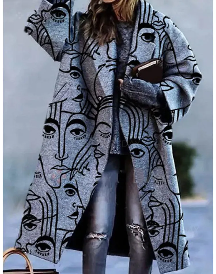 Brownm Autumn Long Sleeve Collar Printed Woolen Coats