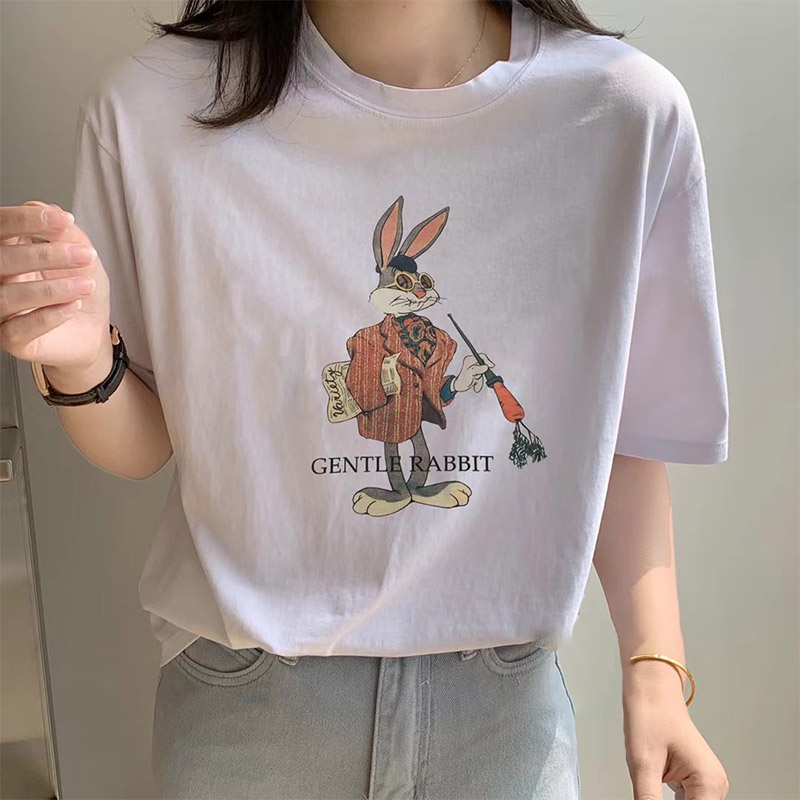 Cartoon Letter Print Round Collar Loose T-Shirt