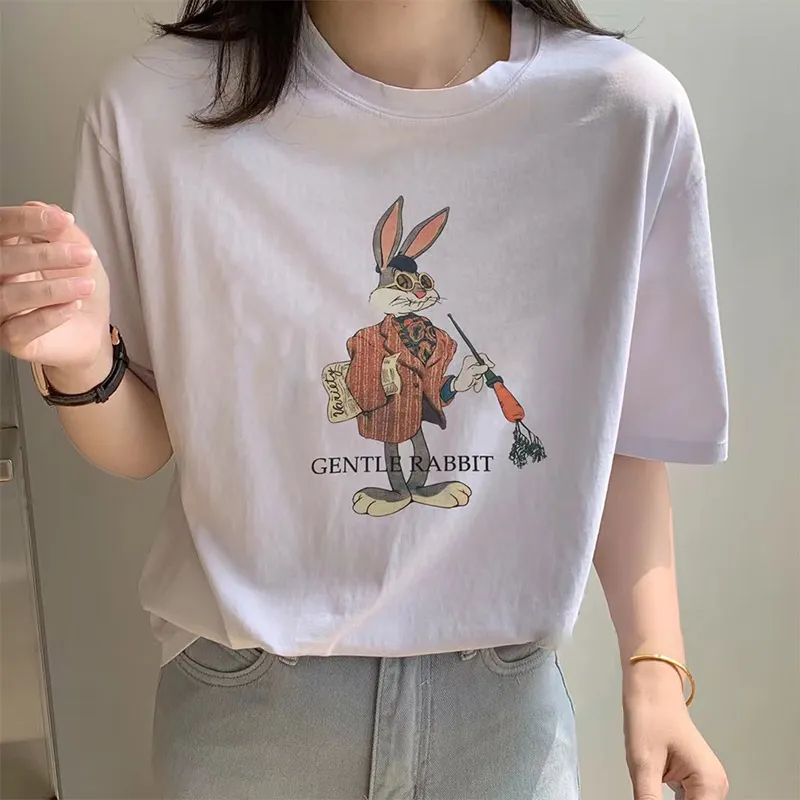 Cartoon Letter Print Round Collar Loose T-Shirt