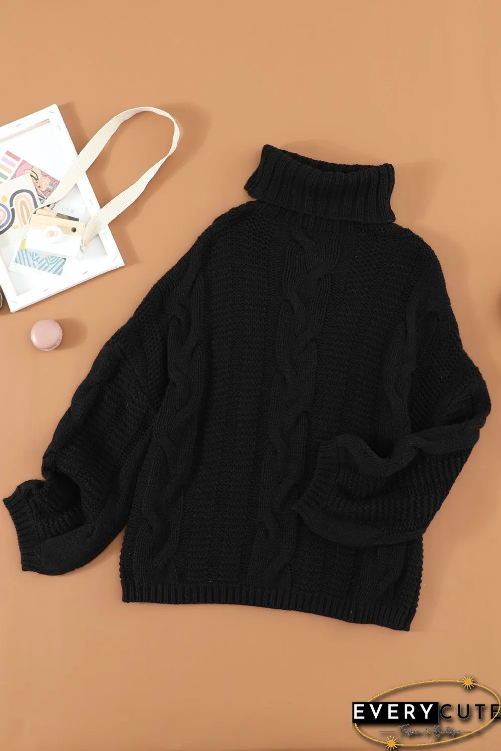 Black Oversize Turtleneck Textured Sweater