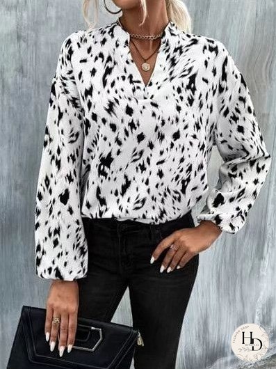 Women's V-Neck Printed Long Sleeve Blouse