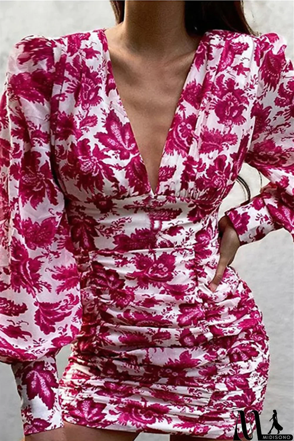 MidiSono - Green Fashion Sexy Print Fold V Neck Long Sleeve Dresses