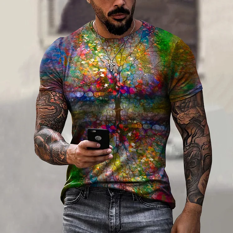 BrosWear Men'S Color Tree Of Life Oil Painting Short Sleeve T-Shirt