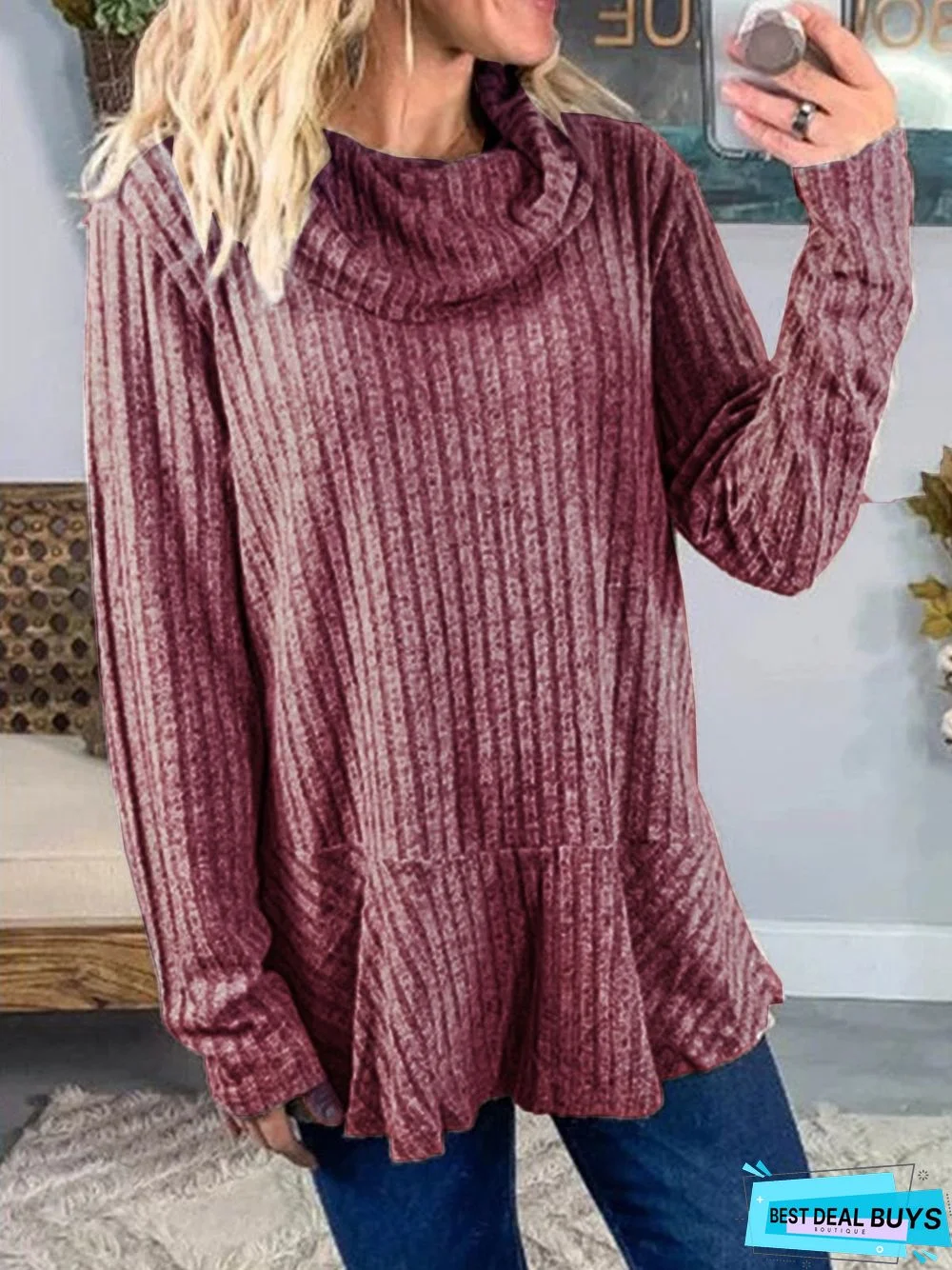 Gray Casual Plain Cotton-Blend Cowl Neck Sweater