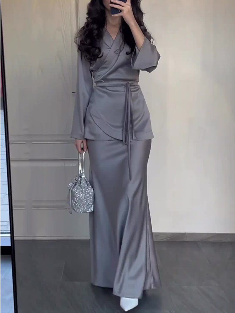 Simple Satin Lace-up Shirt & Skirt Two-piece Set | Oxredo Shop Ramadan Sale