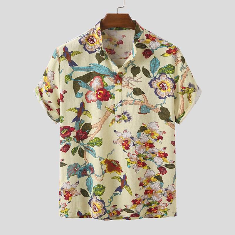 INCERUN Men Printed Shirt Cotton Streetwear Breathable Short Sleeve 2022 Stand Collar Hawaiian Shirts Casual Camisas Plus Size