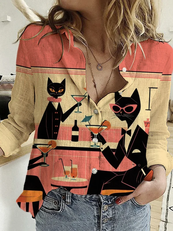Women's Cats Cocktail Print Linen Blend Long Sleeve Shirt