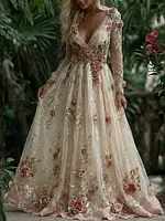 Women's Vintage Roses Embroidery Art V-neck Long Sleeves Maxi Dress