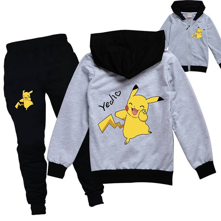 Pikachu Yeah Print Girls Boys Cotton Jacket And Joggers Outfit Suit-Mayoulove