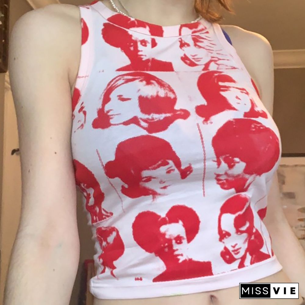 Women Trendy Portrait Letter Printed Tank Tops Summer Vest Female Round Neck Sleeveless Slim Fit Crop Tops