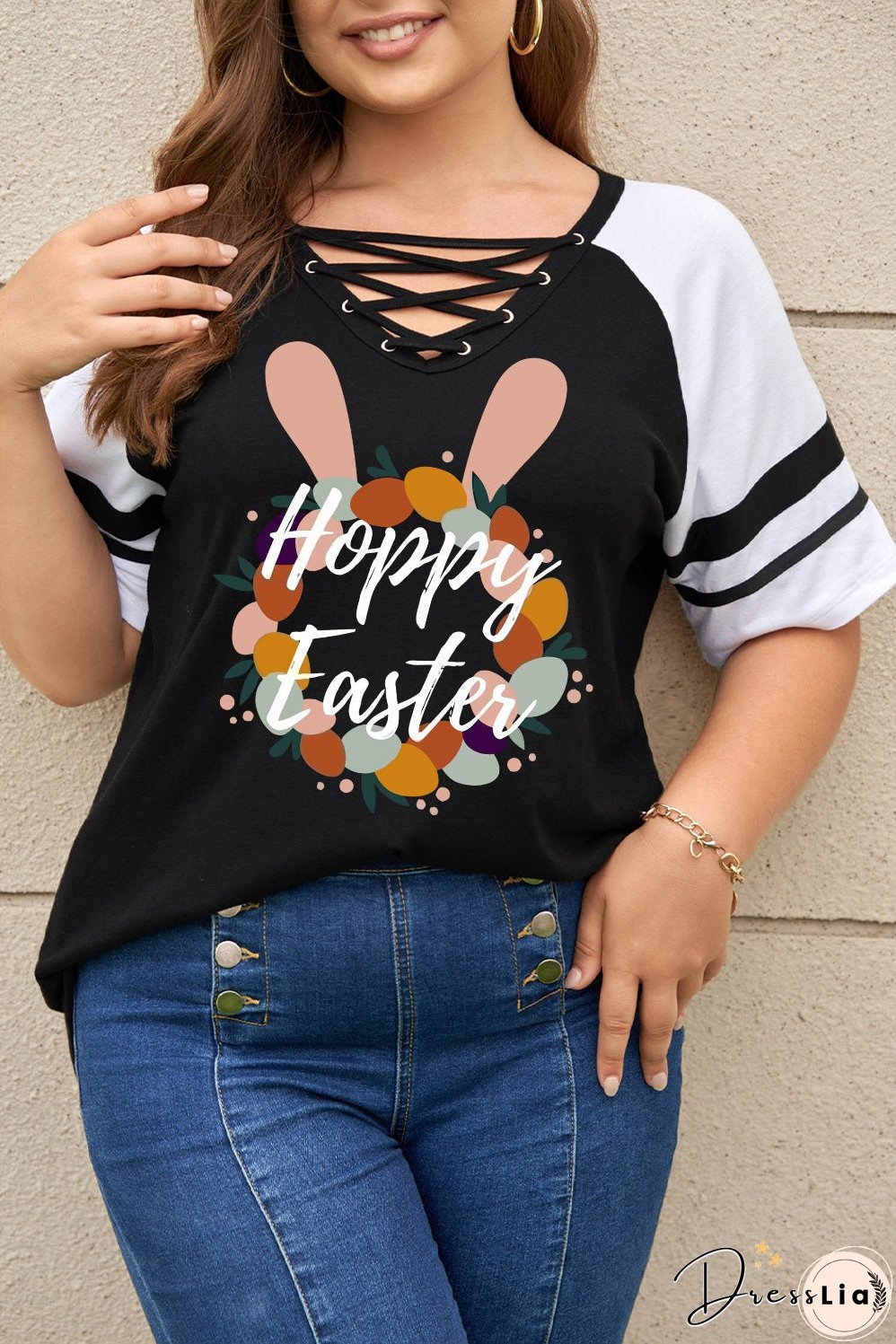 Plus Size HOPPY EASTER Graphic Crisscross V-Neck Tee