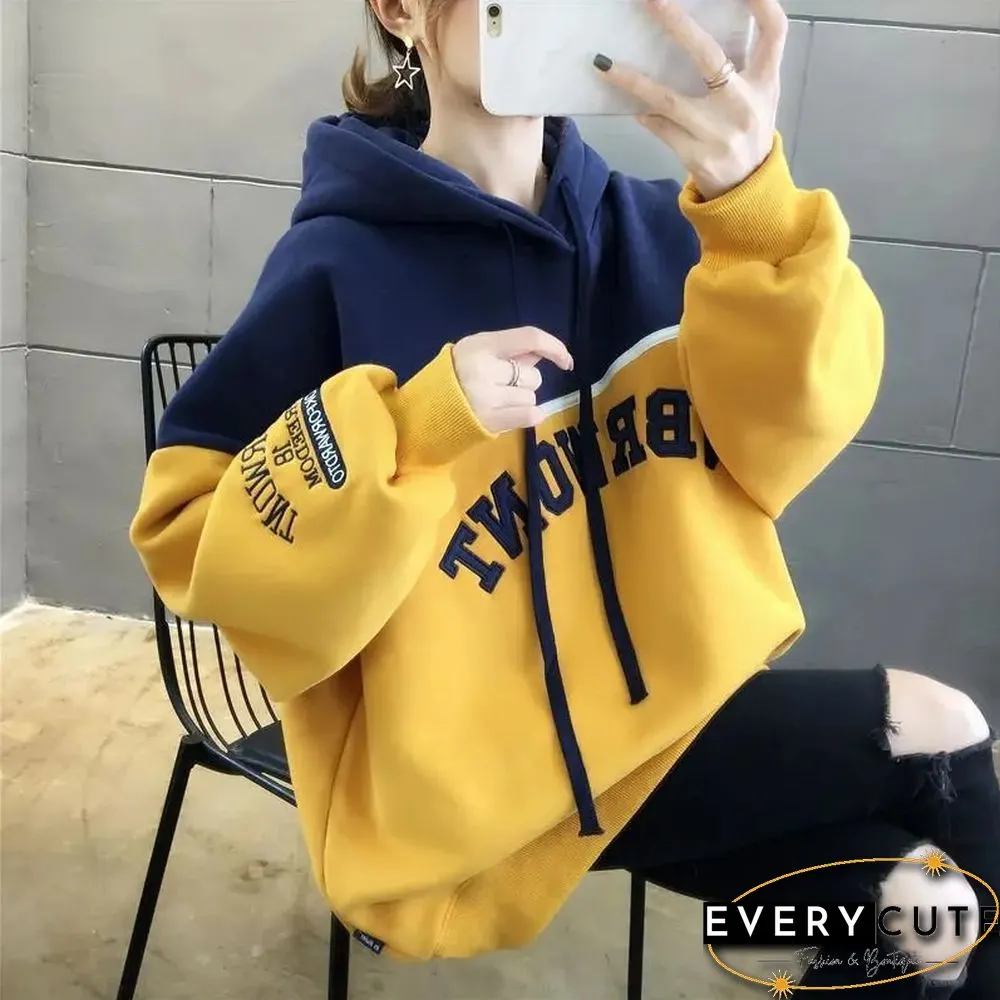 Autumn Loose Hoodies Women Print Letter Sweatshirts Vintage Patchwork Pullover Casual Long