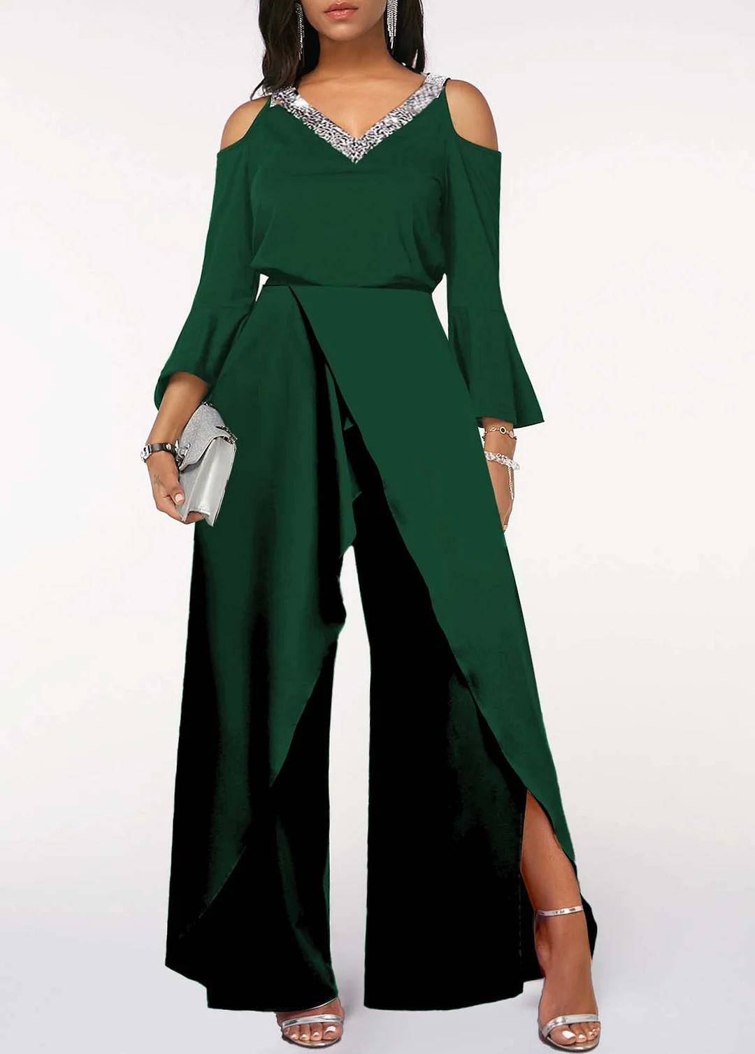Daisda Black V Neck Ruffled Sleeves High Waist Split Wide Leg Jumpsuit with Beadings