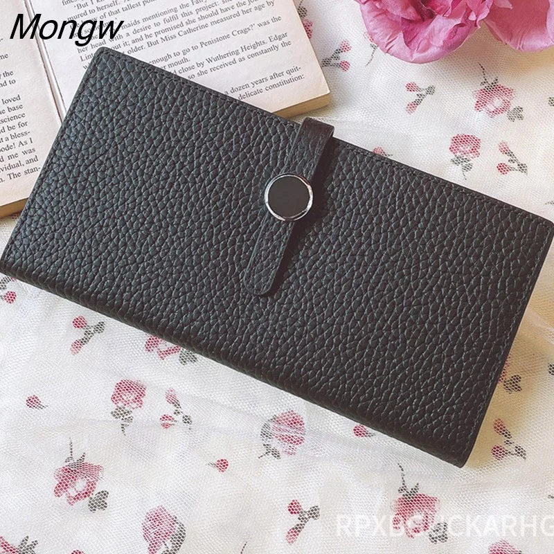 Mongw Leather Women Wallets Luxury Long Hasp Lychee Pattern Coin Purses Female Brand Solid Colors New Thin Clutch Phone Bag