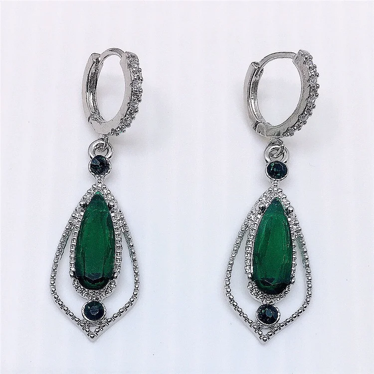Elegant Emerald Zircon Water Drop Shaped Diamond Earrings  Flycurvy [product_label]