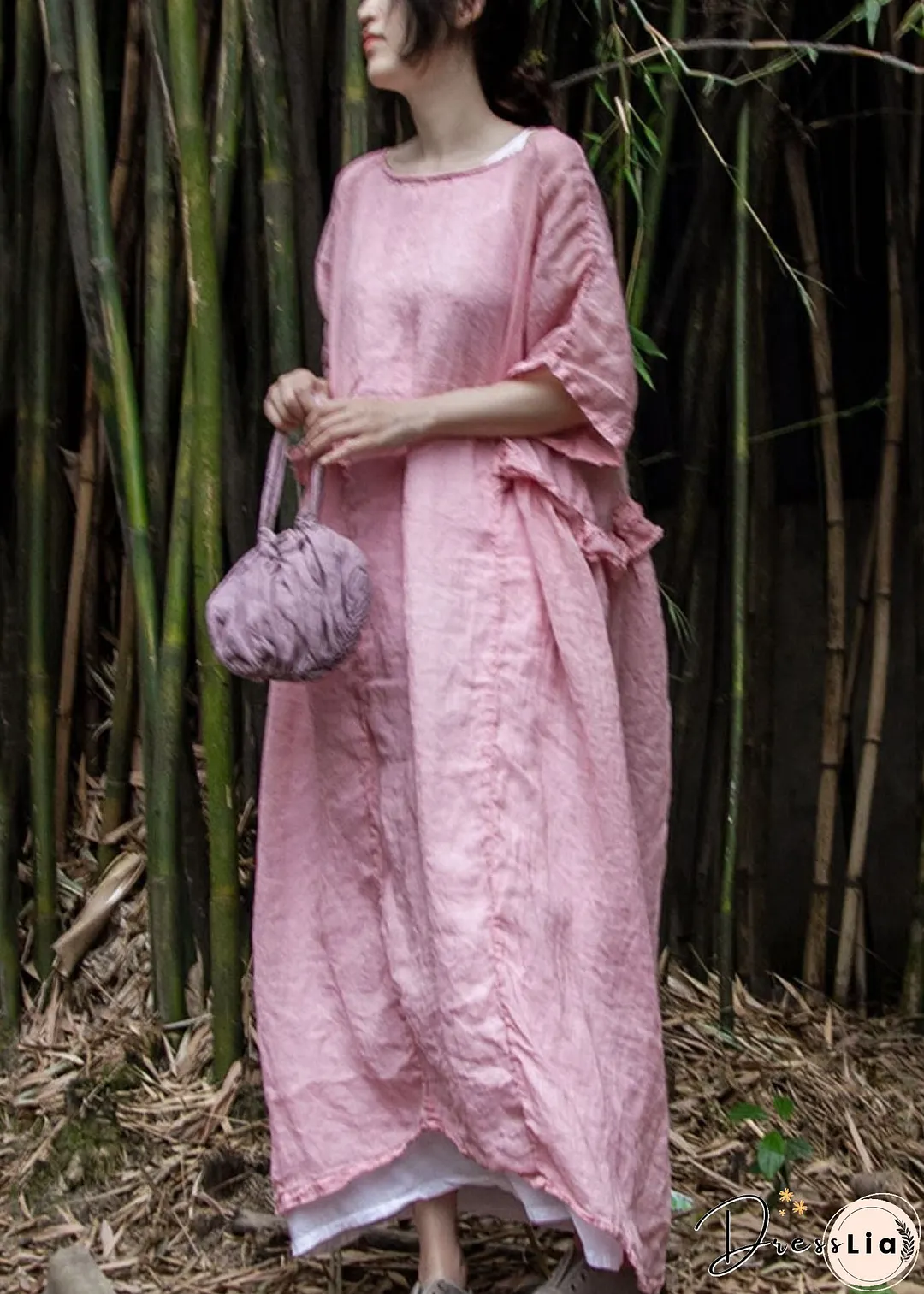 Loose Pink Ruffled Solid Linen Two Pieces Set Summer