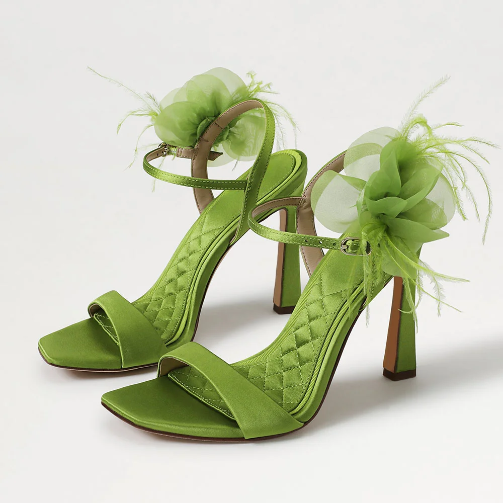 Green Square Toe Ankle Strap Heeled Sandals with Floral Decor