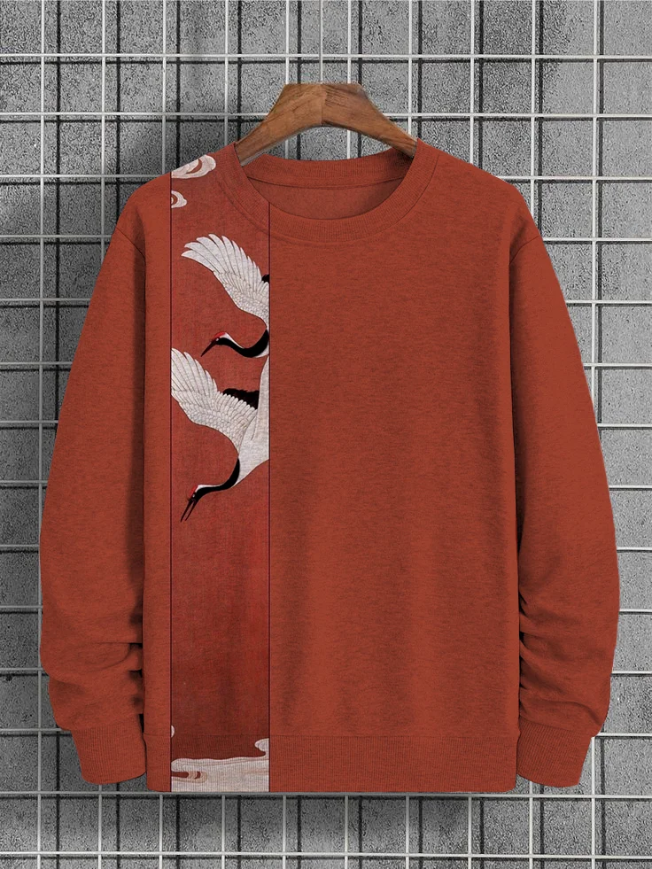 Men's Crane Graphic Retro Art Print Casual Sweatshirt