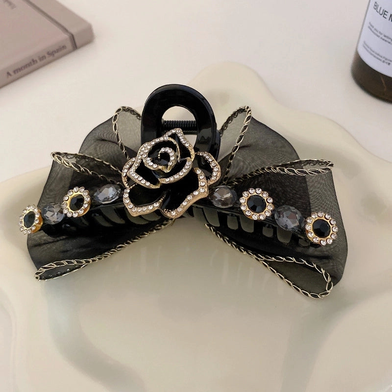 High-grade Camellia Diamond-embedded Large Gripper Korean Style Elegant Back Shark Clip Updo Hair Clip Hair Accessories For Women Summer