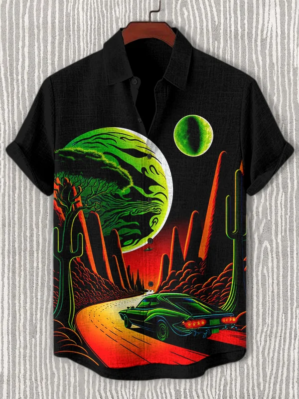 Men's Fantasy Space Travel Car Print Casual Shirt