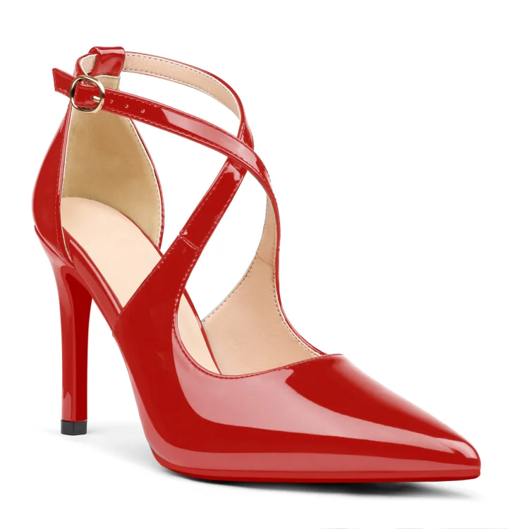 95mm Women's Pointed Toe Cross Strap Heels Red Bottoms Pumps Shoes VOCOSI VOCOSI