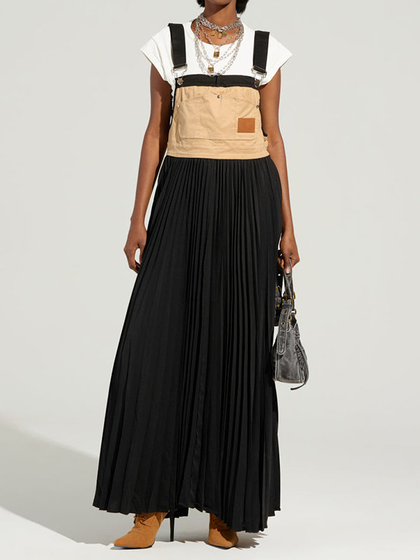 Contrast Color Block Bodice Pleated Maxi Dress