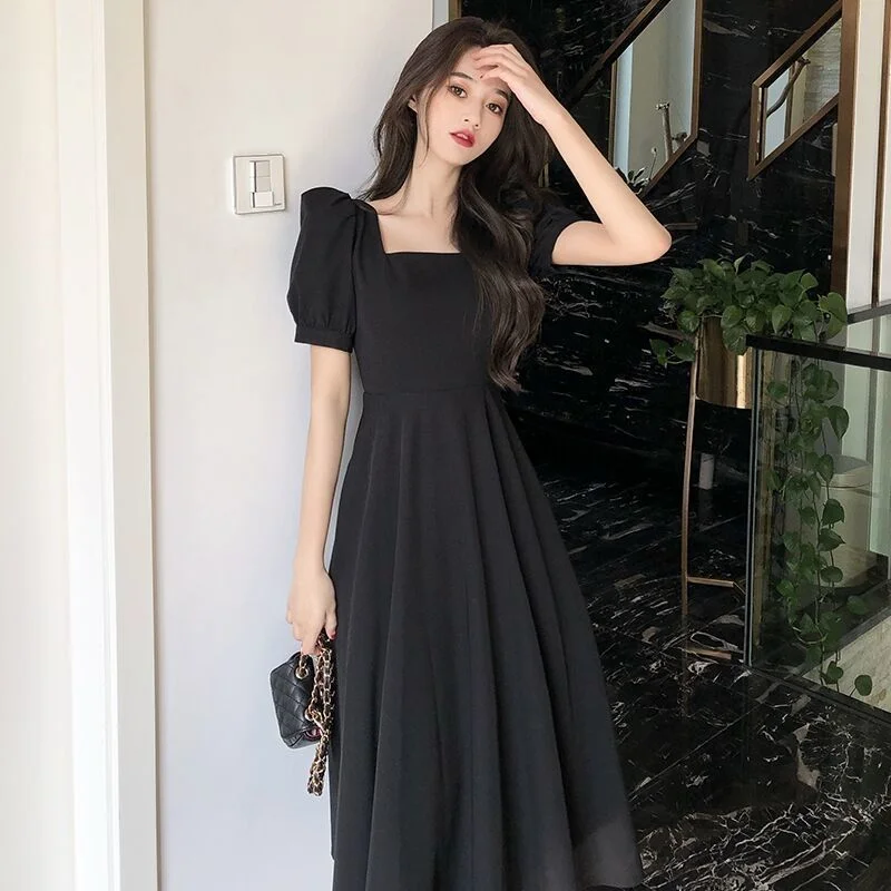 Jangj Fashion Black White Puff Sleeve A-line Skirt Summer Slim Pullover Solid Color Dress Comfortable Slender Women's Clothing