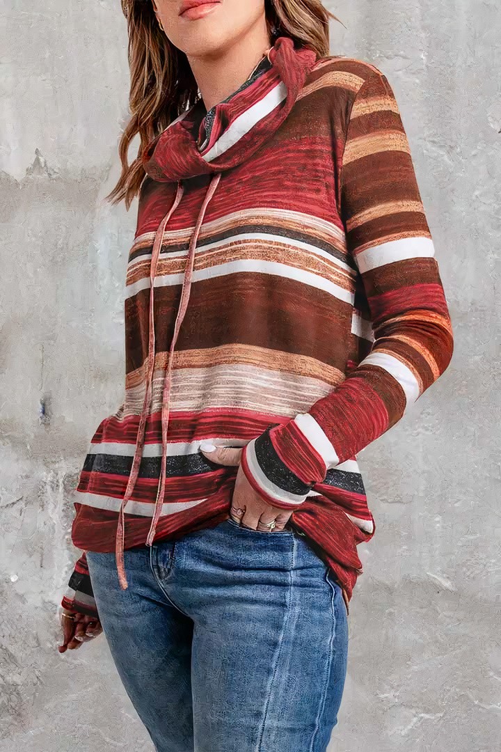 Striped Drawstring Cowl Neck Sweatshirt