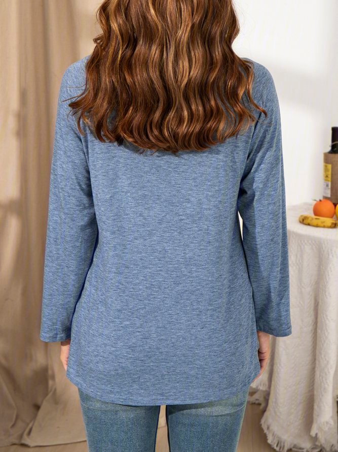 Gray Cotton-Blend Casual Crew Neck Shift Shirts & Tops