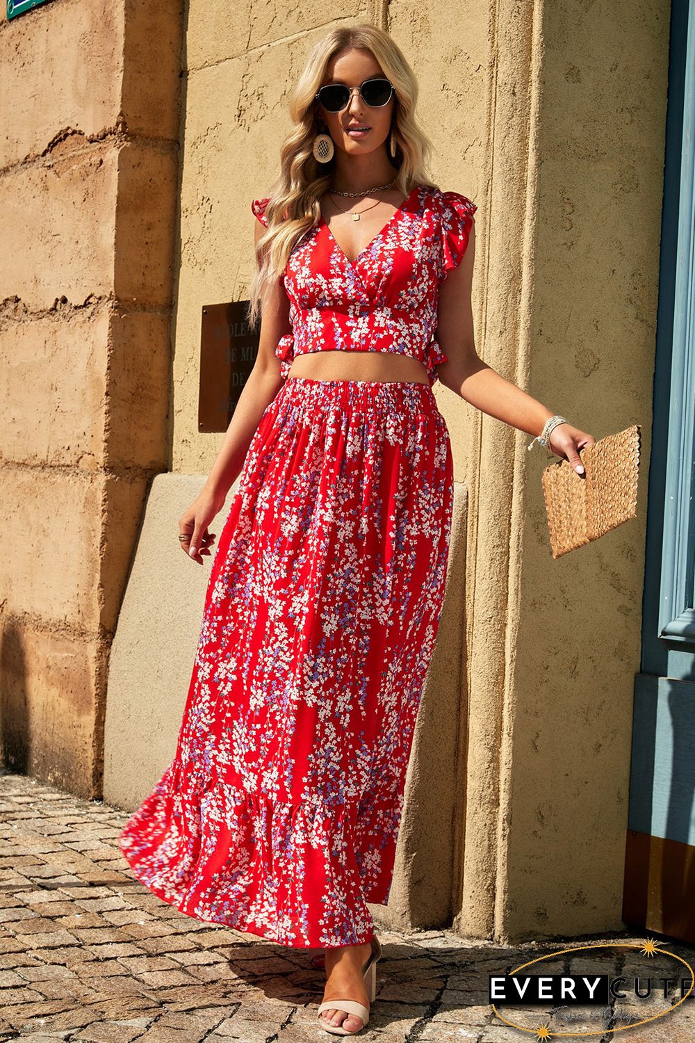 Red Multicolor Floral Ruffled Crop Top and Maxi Skirt Set