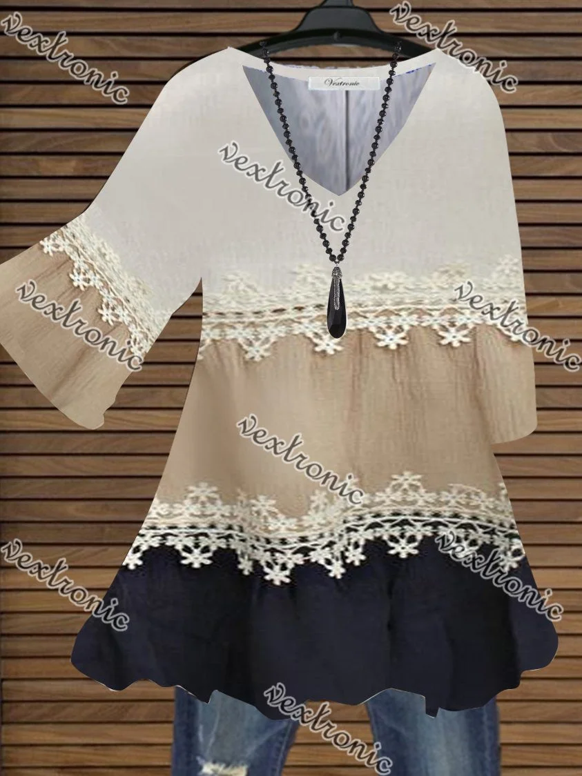 Women Half Sleeve V-neck Lace Printed Top Dress
