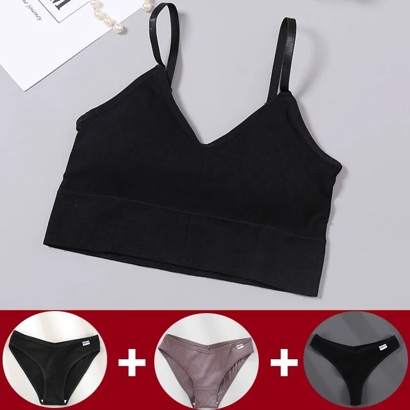 Tank Crop Top Bra + 3PCS Panties Set Fashion Solid Color Bra Set for Women Intimates Underwear Female Lingerie Casual Bralette