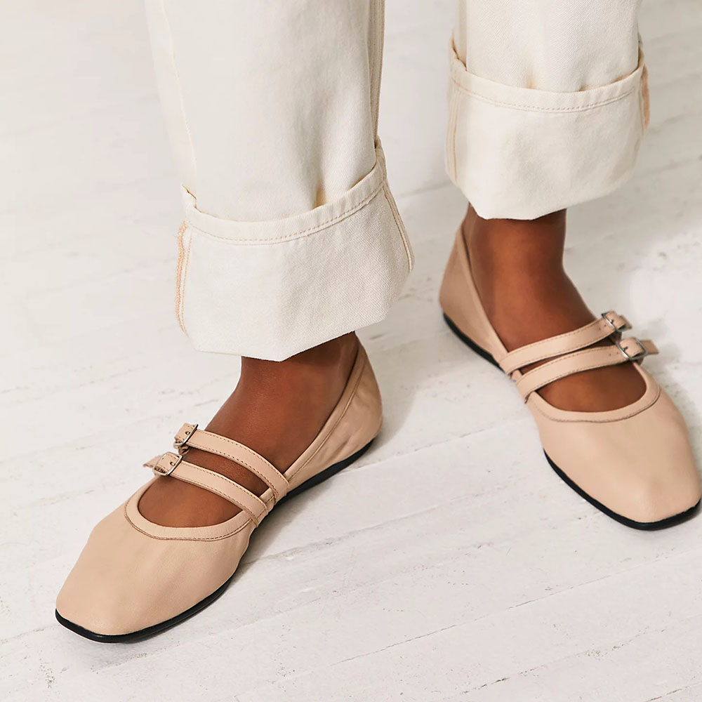 Beige Vegan Leather Square Toe Flat Buckle Strappy Ballet Shoes Nicepairs