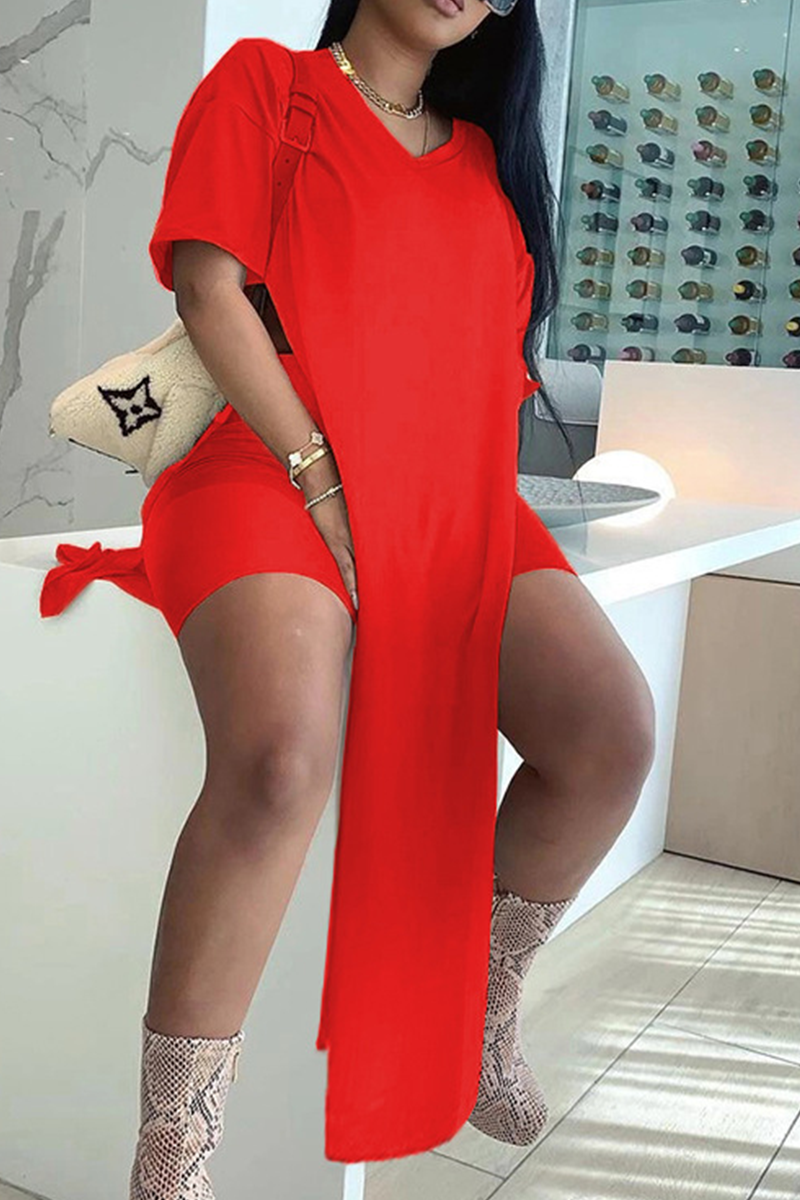 Red Casual Solid Patchwork O Neck Short Sleeve Two Pieces | EGEMISS