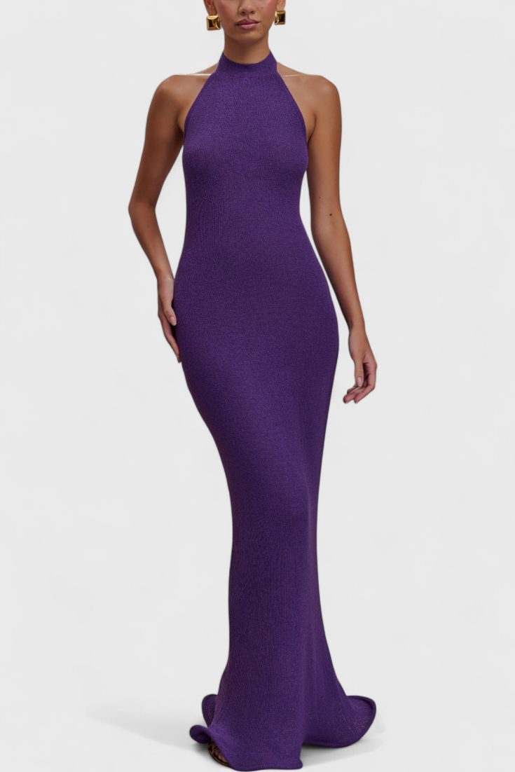 Halter Neckline Knit Gown with Flowing Hem