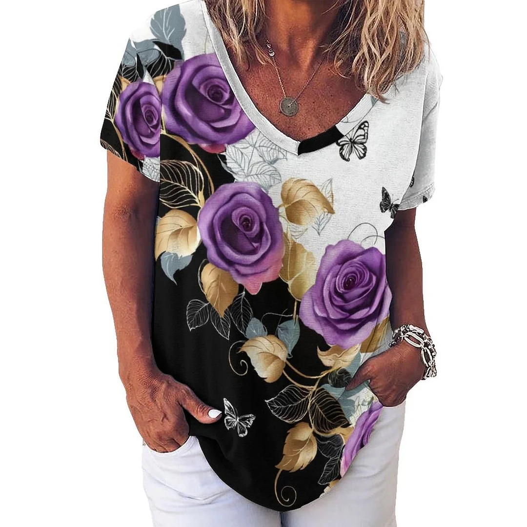 V-neck Short Sleeve Casual T-shirt for  Women Printed with Pattern Rose, Floral, Purple