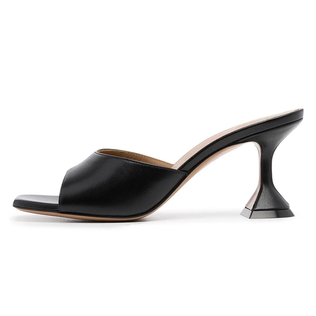 Women's Black Vegan Leather Wide Band Mules with Flared Heel