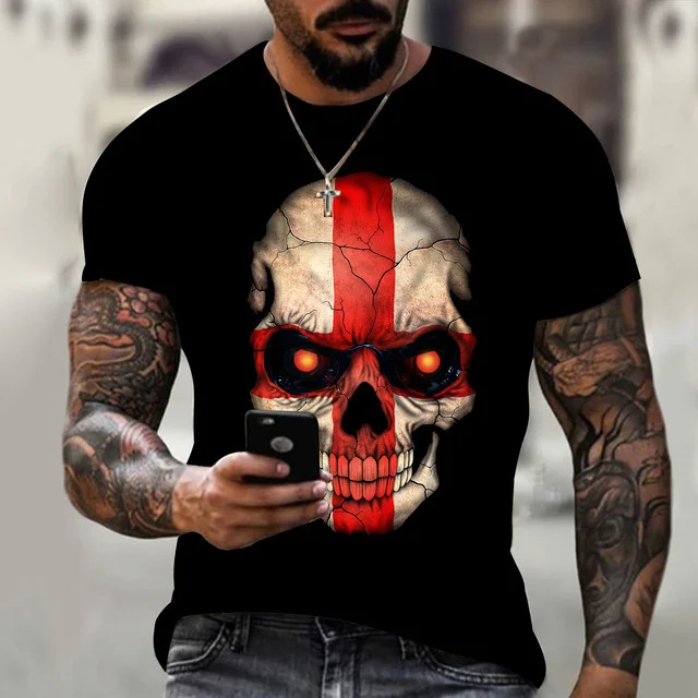 Retro Cross 3D Printed Skull Pattern Men's T-Shirt at Hiphopee