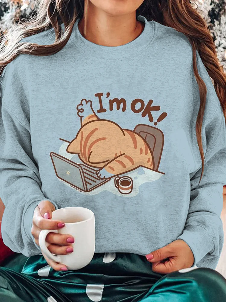 Women's Cat Working I'm Ok Illustration Print Cozy Sweatshirt