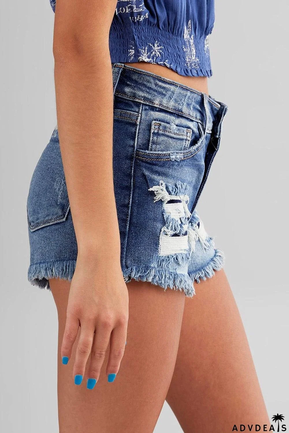 Frayed Hem Mid Waist Denim Shorts