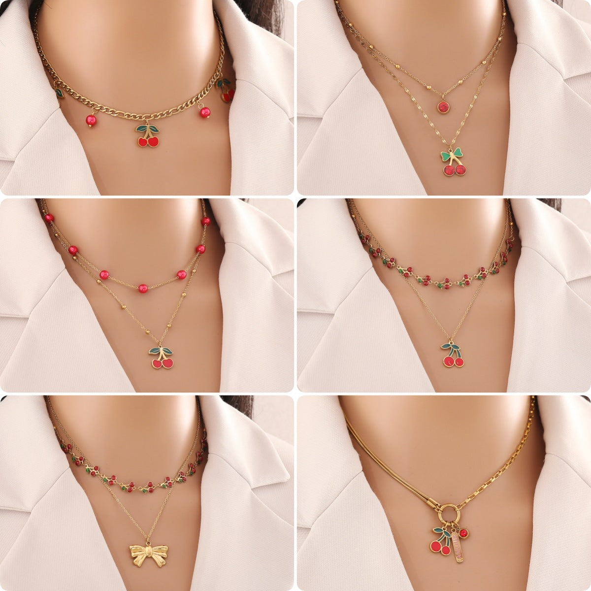 Cute Cherry Pendant Necklace Fashion Stainless Steel Double Chain N1468