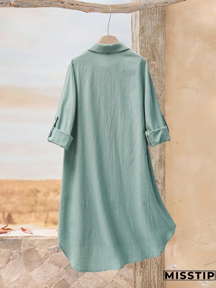Women's Plain Rolled Cuff Long Sleeve Single-Breasted Casual Shirt Dress For Autumn