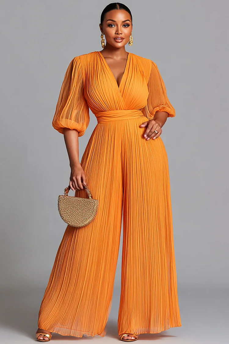 Xpluswear Design Plus Size Cocktail Party Orange Wrap Neck Lantern Sleeve Short Sleeve Pleated Jumpsuits [Pre-Order] 2024 - Xpluswear
