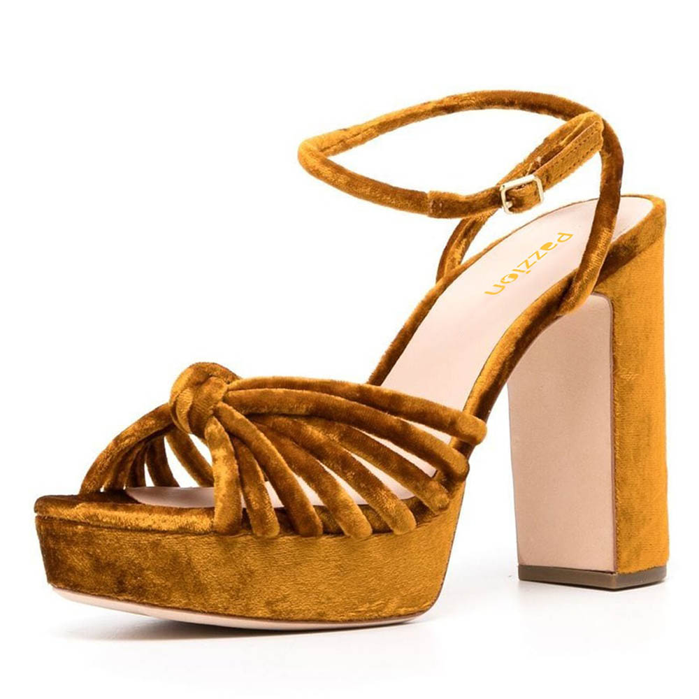 Gold Velvet Platform Ankle Strap Chunky Heel Knot Summer Sandals Nicepairs