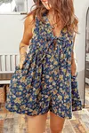 Women's Blue Retro Design Floral Print Bow Tie Pleated Loose Denim Romper