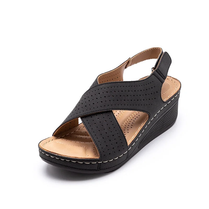 Women Shose Summer 2021 Casual Leather Sandals Velcro Retro Sandalis Women Plus Size Hollow Wedges Sandals