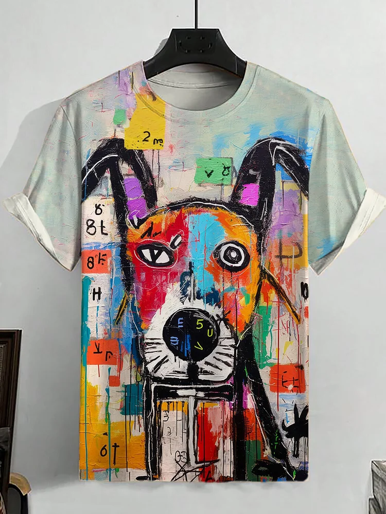 Men's Casual Graffiti Dog Art Print T-Shirt