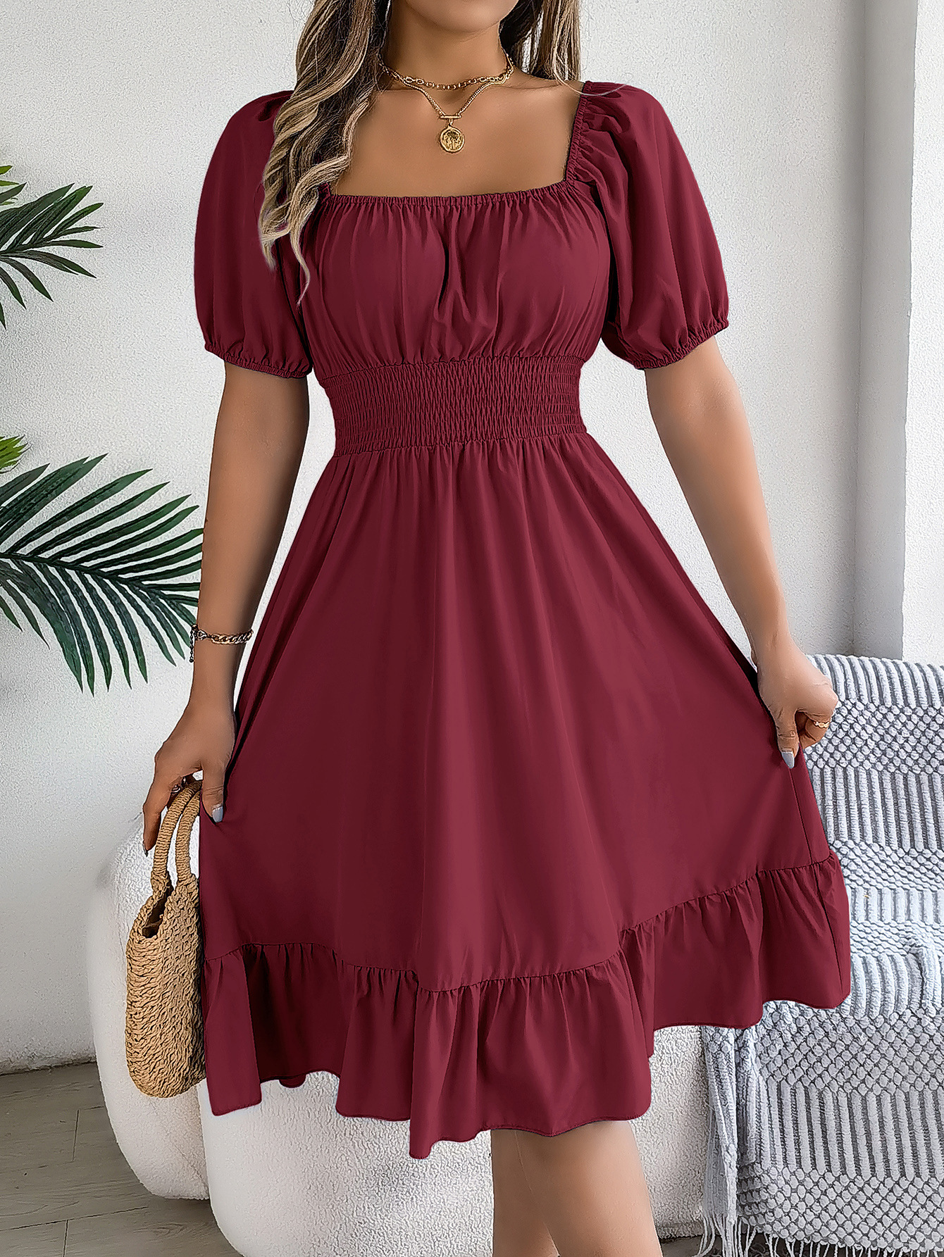 Repotas Elegant Women Spring Summer Mini Dress Puff Sleeve A Line Vestidos Square Neck Tie Waist Ruched Casual Solid Party Short Dresses