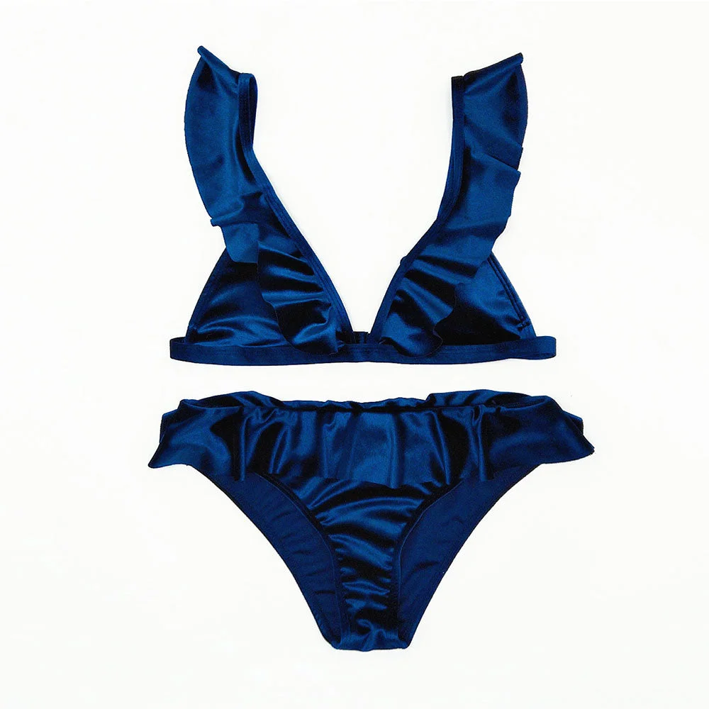 2019 Women Swimsuit Ruffled Bikini Set Glossy Ice Feeling Velvet Biquini Swim Low Waist Push Up Bathing Suit Thong Swimwear